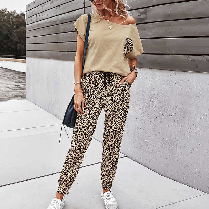 

Off Shoulder Tracksuit Women' Pocket Sets Short Sleeve Tops And Leopard Print Pants Two Piece Set Casual Clothes Jogger Suits 210709, Red