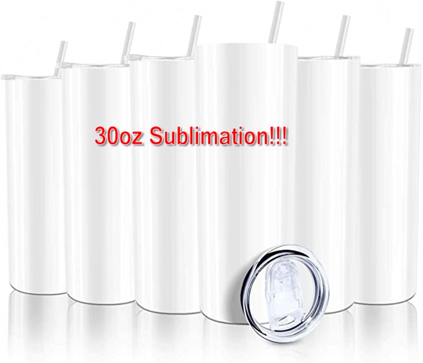 

30 oz Sublimation Tumblers Stainless Steel Double Wall Slim Insulated Water Cup with Lids Straws Individually Box Pack, White 30oz