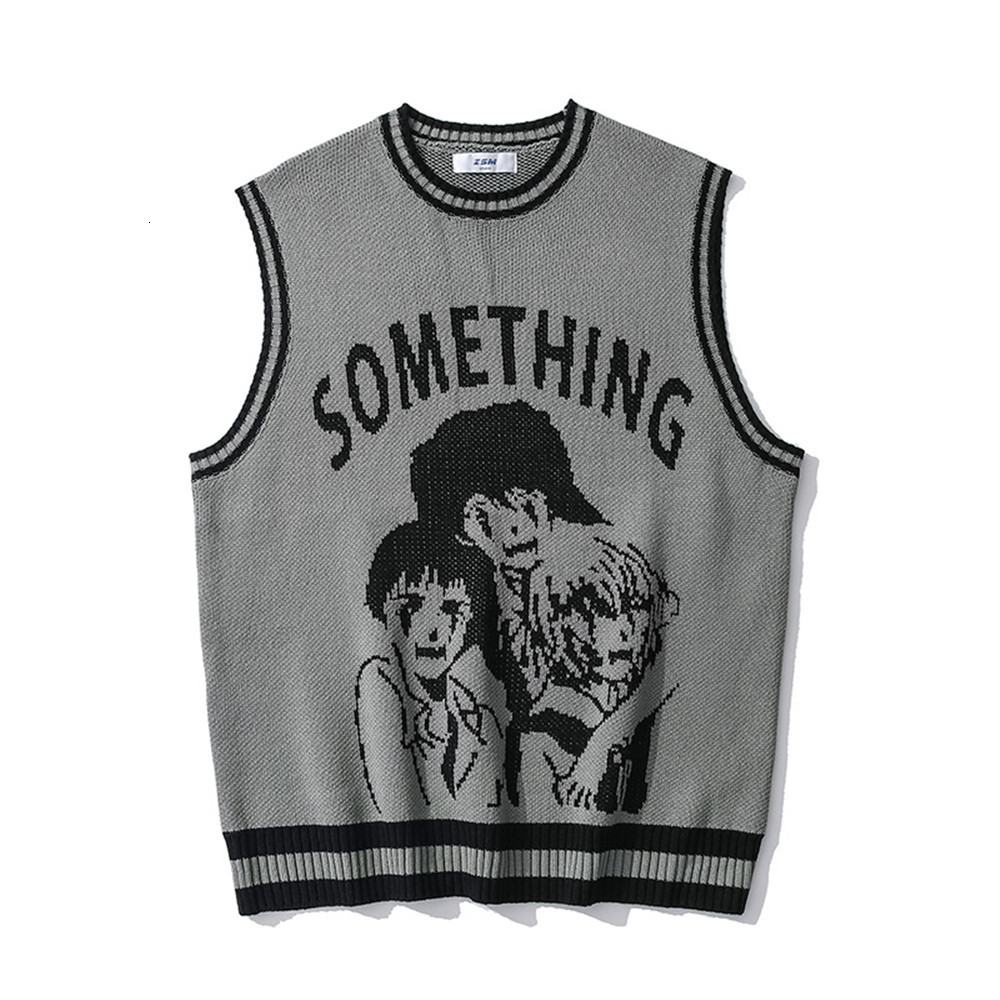 

sweater knit two dimensional animation color matching vest men's fashion brand loose round neck ted coat, White;black