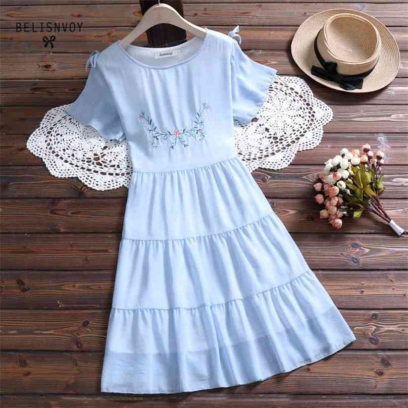 

Mori Girl Sweet Summer Dress Japan Style Women Flare Sleeve Embroidery Chiffon Dresses S-XXL Ruffles Vestidos 210520, Pink