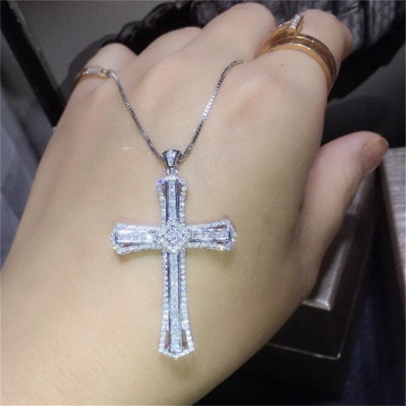 

Charm 14K White Gold Diamond cz Cross Pendant 925 Sterling Silver Party Wedding Pendant Necklace For Women men Gemstones Jewelry