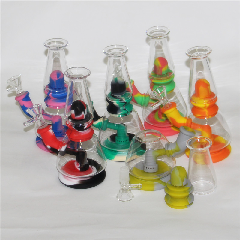 

glass water bong with 14mm bowl mini bongs detachable hookahs silicone bubbler protect case smoking pipes