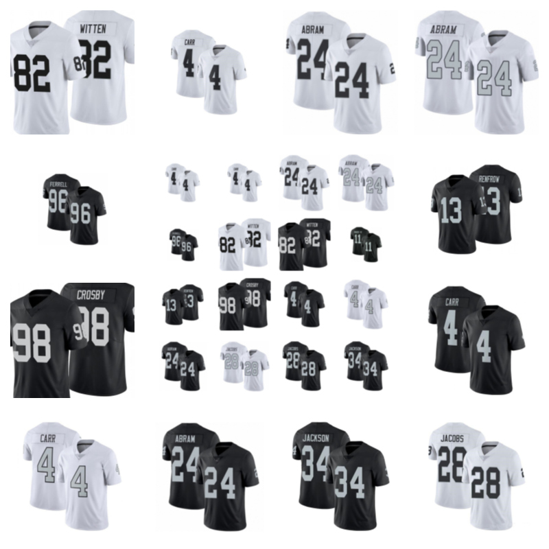 

2021 4 Derek Carr 24 Johnathan Abram Football Jersey 13 Hunter Renfrow 98 Maxx Crosby 28 Josh Jacobs 34 Bo Jackson, Black;red