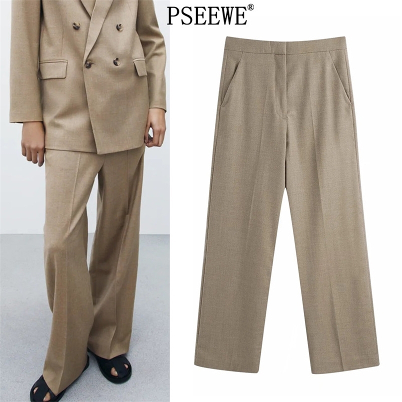 

Pants Women Fashion High Waist Female Spring Office Wear Casual Pocket Zip Fly Wide Leg Woman Trousers 210519, Camel