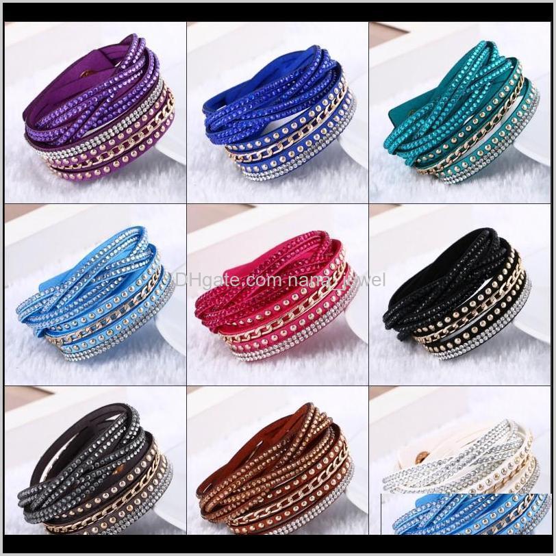

Jewelry Drop Delivery 2021 Fashion 10Colors Pu Leather Wrap Wristband Cuff Punk Rhinestone Bracelet Crystal Bangle Charm Bracelets For Women