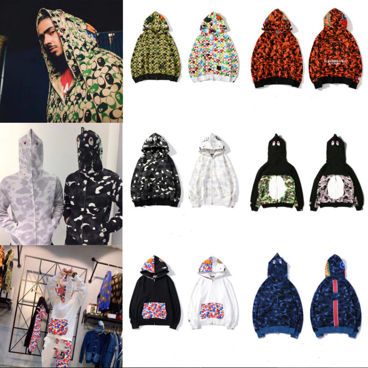 

Shark autumn winter coat cardigan loose sweater luminous camouflage zipper hooded boys and girls fashion brand, Black