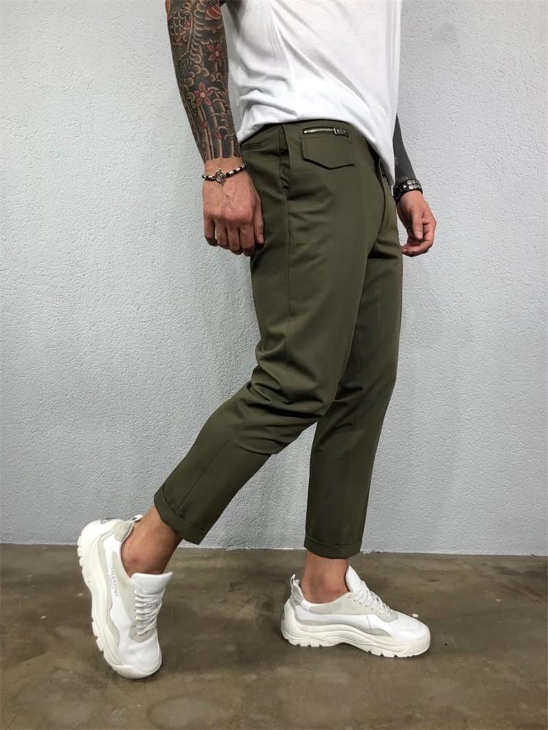 Mens Designer Solid Color Pencil Pants Casual Mid Waist Capris Pants Button Fly Pants with Pockets