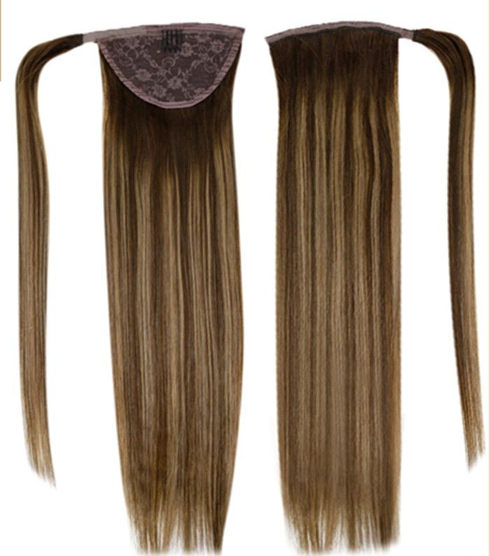 

Ponytail Extension Human Hair Balayage Clip in Brown Fading to Strawberry Blonde Highlights Wrap Around Pony tail hairpiece 14"
