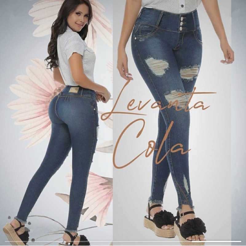 

jeans 2021 women's high waisted elastic perforated lace denim pants, Blue