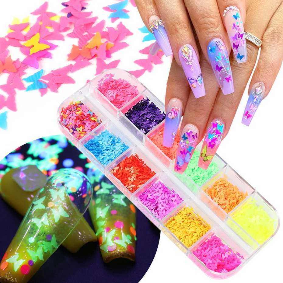 12Grids Butterfly Neon Fluorescence Nail Art Sequins Chameleon Mirror Shining Glitter Flakes Polish DIY Manicure Paillette BEYHD-image-691839877