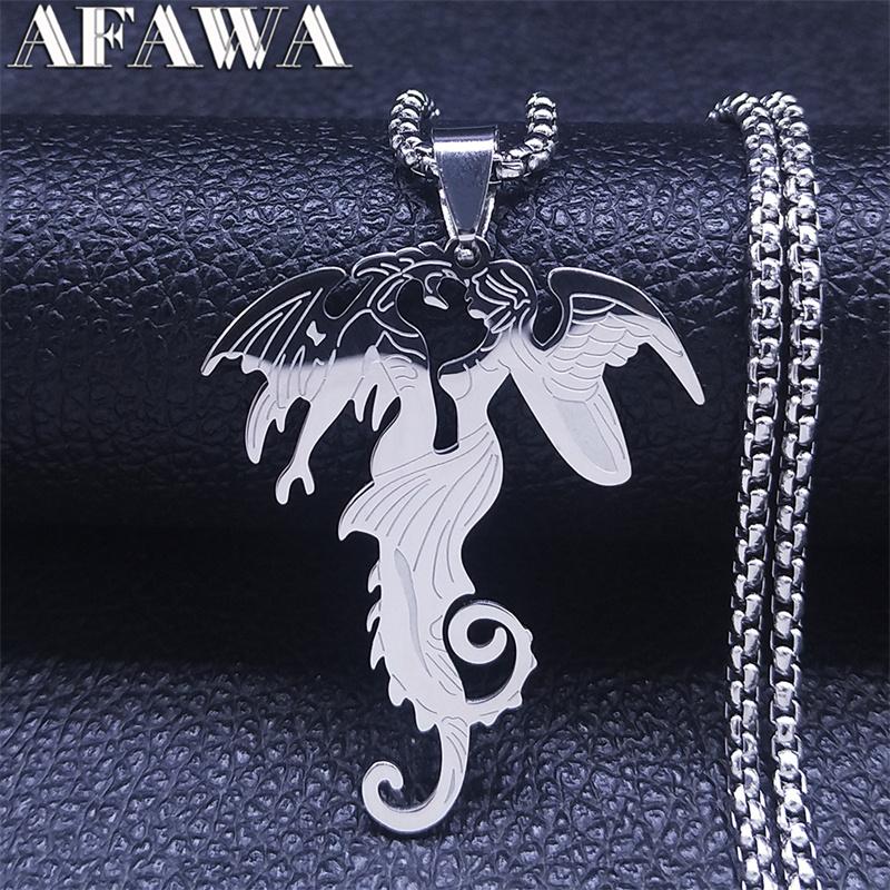 

Pendant Necklaces Stainless Steel Angel Demon Chain Necklace Women/Men Silver Color Dragon Pendants Jewelry Chaine Collier N4552S02