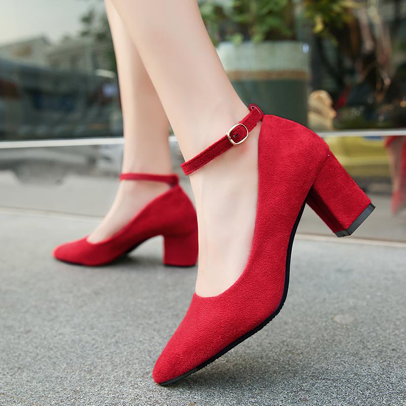 

Dress Shoes 2021 Women Pumps Ankle Strap Thick Heel Square High Heels Work Pink Ladies Footwear, Red
