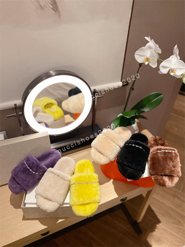 

Newest Newly autumn winter womens slippers metal chain all inclusive wool slipper for women black white outer wear plus big szie Muller half drag shoes, 02