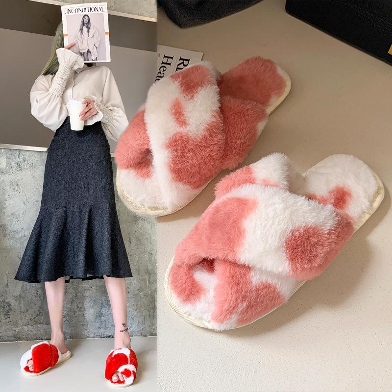 

Slippers Fashion Color Matching Cross Plush Women's Autumn Home Soft Cotton Wear Foreign Style Mao Drag 2021, Black