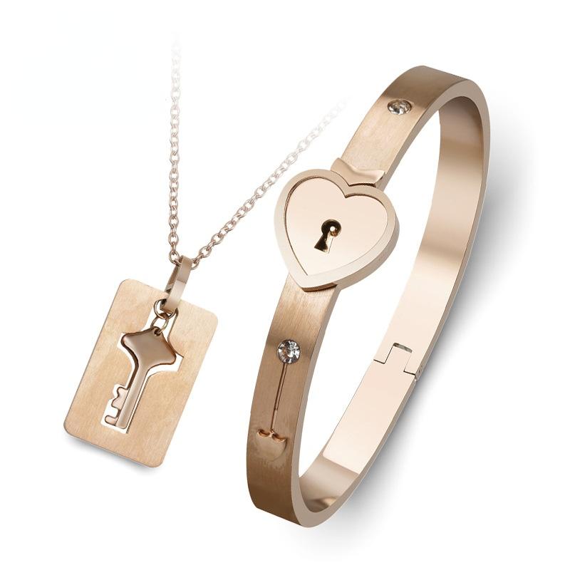 

Chains Fashion Titanium Steel Bracelet Ornament Set Love Couple Heart Lock Stainless Goth