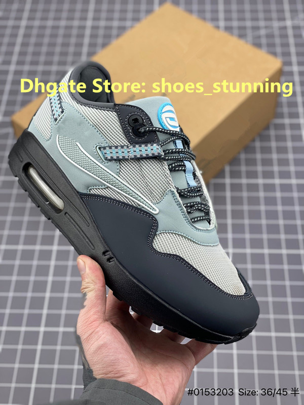 

Top Quality Running Shoes Travis Scotts x Maxs 1 Volt Grey Blue cushioned Run SNKRS Beige plush stitching retro runner Casual Classic shoe Outdoor Sneakers, Box