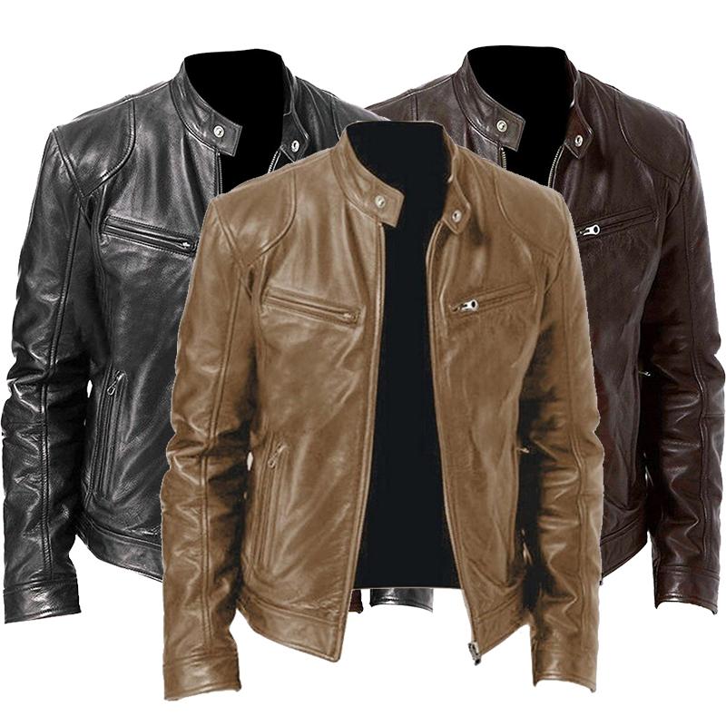 

Men's Jackets 2021 Men Leather Jacket Plus Size Black Brown Mens Stand Collar Coats Biker Motorcycle