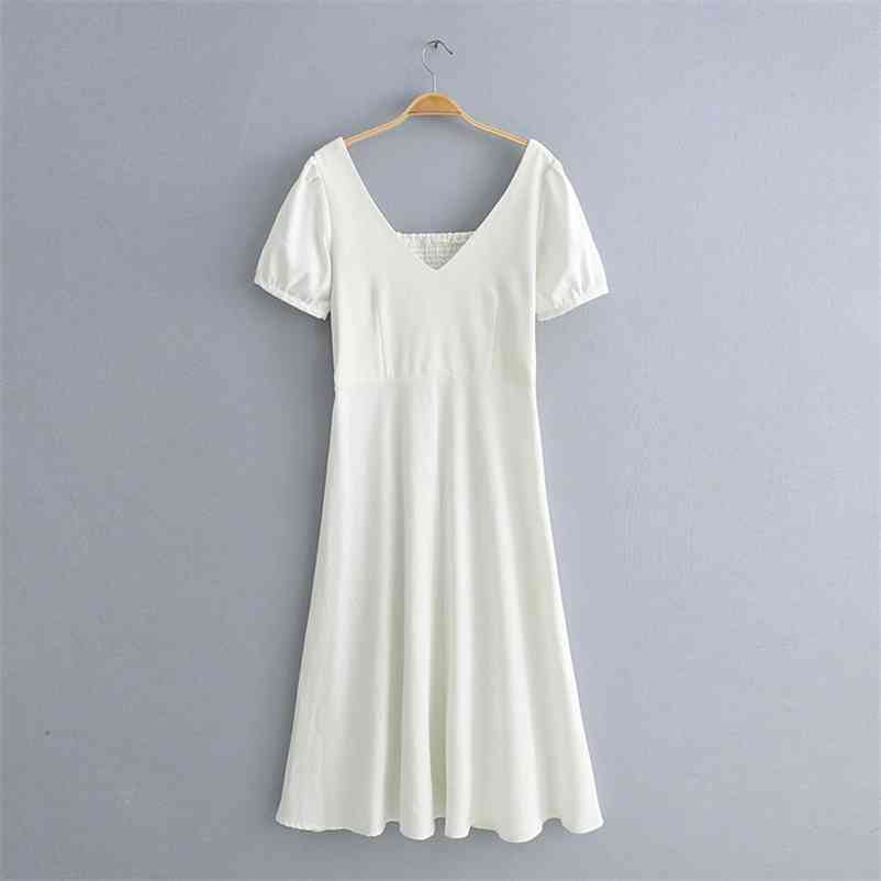 

women white long dress V-neck puffy sleeve high-waist Slim summer party holidays es 210524