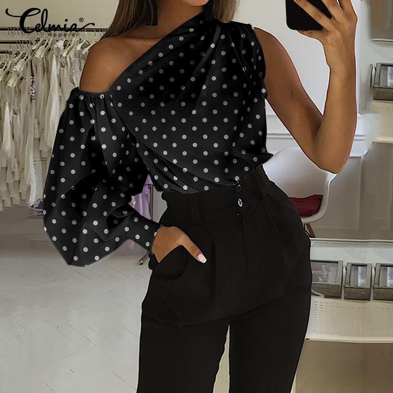 

Women' Blouses & Shirts 2021 Celmia Fashion Asymmetrical Tops Summer One Shoulder Women Polka Dot Lantern Sleeve Casual Plus Size Shirt 5XL, Black