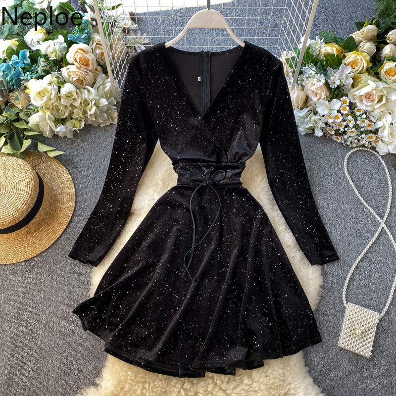 

Neploe 2021 Spring Autumn New Elegant Retro Velet Dress Party High Waist Hip A Line Vestido Long Sleeve Lace Black Ropa 47005