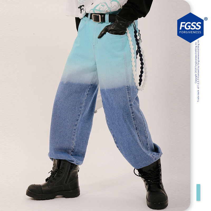 

jeans fgss men's wear autumn and winter 2021 national trend gradual change hanging dye heavy wash tie straight casual pants, Blue