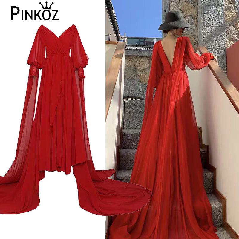 

designer stylish floor length white lantern Sleeves Chiffon A Line Beach Wedding Gown Side Slit Bridal Dresses vestidos 210421, Red