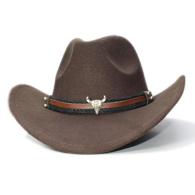 

Cloches Retro Vintage Kid Children Wool Wide Brim Cowboy Western Cowgirl Bowler Hat Fedora Cap Bull Head Oxhead Braid Band (54cm/Adjust), Black
