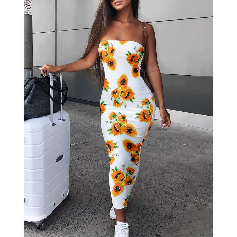 

Spring and summer new off-the-shoulder sexy ladies dress fashion womens sunflower print long tight dress casual wild sleeveless, Black