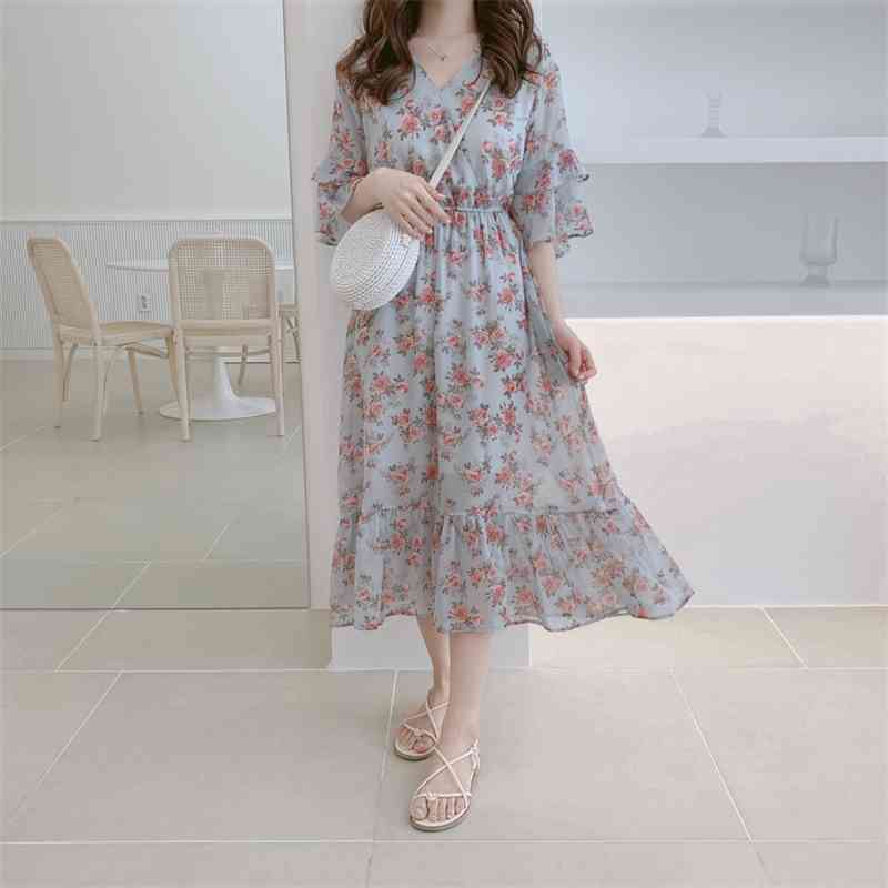Plus size Summer Girls Boho Party Female Vintage Dress chiffon Blue pink Print Short Sleeve Women Dresses LongRobe Vestido 210417Z