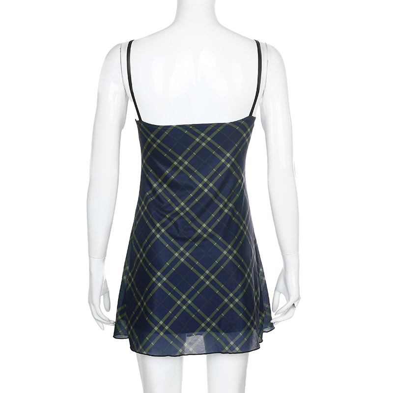 

2021allneon e-girl 90s spaghetti strap bandage front ruffles plaid dresses vintage mesh v-neck backless a-line mini dress partywear, Black;gray