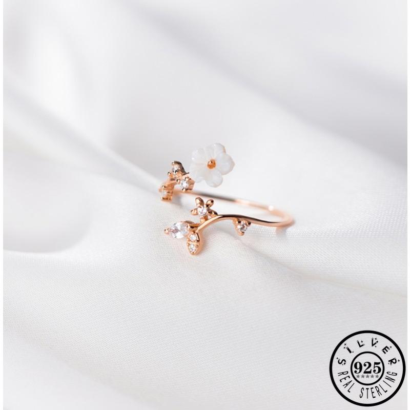 Cluster Rings 925 Sterling Silver Flower Shape Shell Ring Adjustable Rose Gold Color Plated Open Finger Zircon Leaf For Women Girls-image-702823594