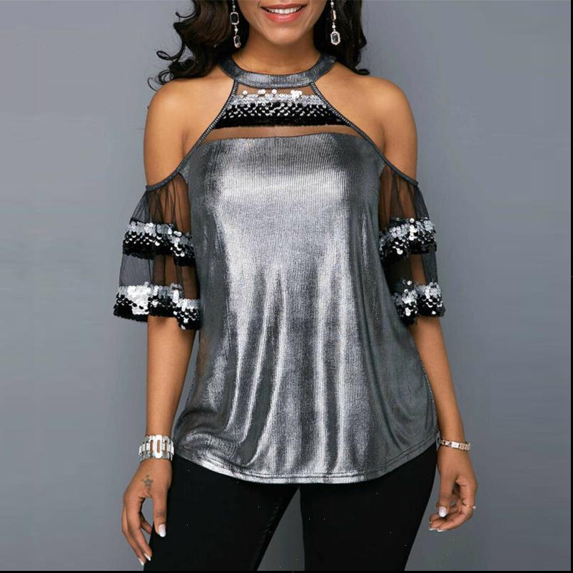 

women mesh womens shirt sequins blouse lady hollow out patchwork shirts off shoulder short sleeve summer clothes vogue, White
