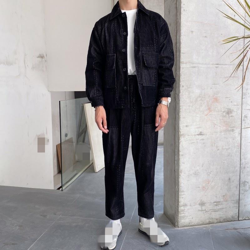 

Jogging Clothing Casual Mens Turn-Down Collar Fashion Cargo Jackets Slim Single Breasted Japanese Style Pants Sets Vintage Two-Piece Suit, Black;red