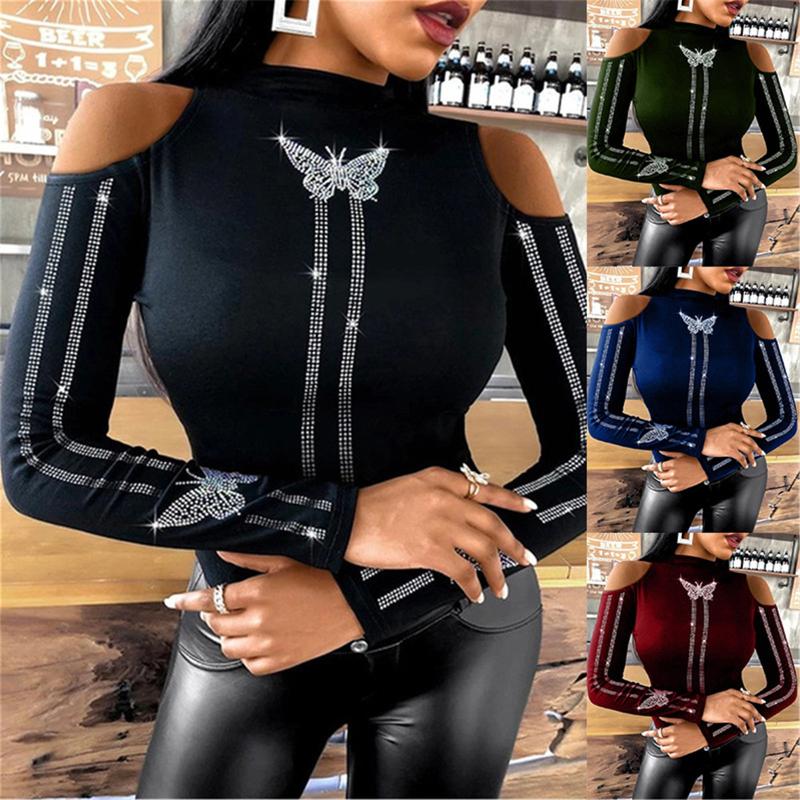 

Women' Blouses & Shirts 2021 Fashion Slim Blouse Top Autumn Spring T-shirts Solid Color Round Neck Strapless Butterfly Long Sleeve Tops #4, Green