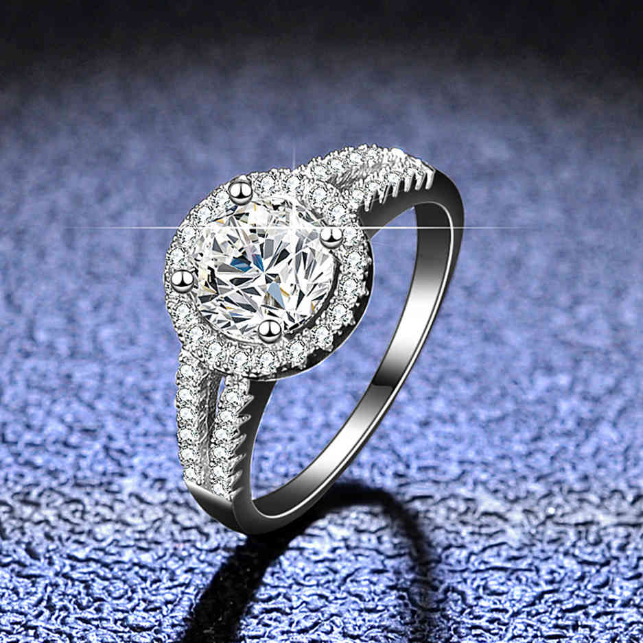 

925 Sterling Silver Halo Diamond Women 1 CT 100% GRA Moissanite Engagement Rings With Side Stone Bridal Band Fine Jewelry