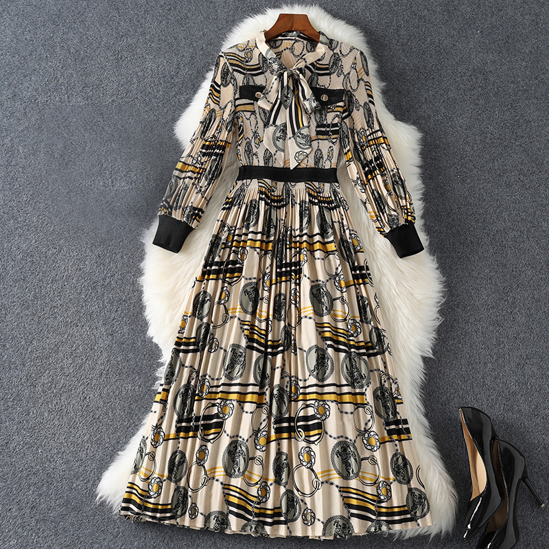 

2021 Fall Autumn Long Sleeve Round Neck Multicolor Print Ribbon Tie Bow Pleated Mid-Calf Dress Elegant Stretch Casual Dresses 21G318B419, Multi