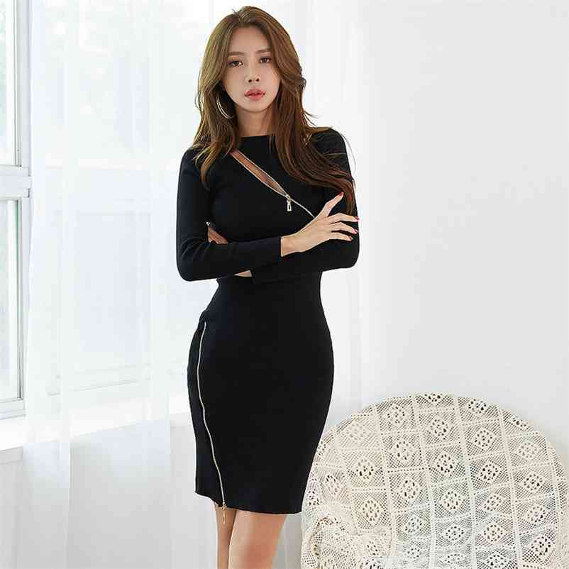 

Women's ladies slim sexy diagonal zipper half high neck knitted dress female bag hip 210603, Black