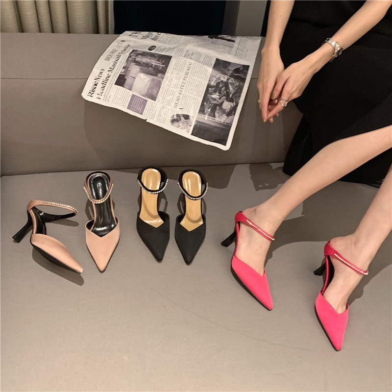 

Slippers Elegant Women Sandals Slides Thin High Heels Pointed Toe Hollow Rhinestone Shallow Mules Shoes Red Dress Party Pumps MLKC, Beige