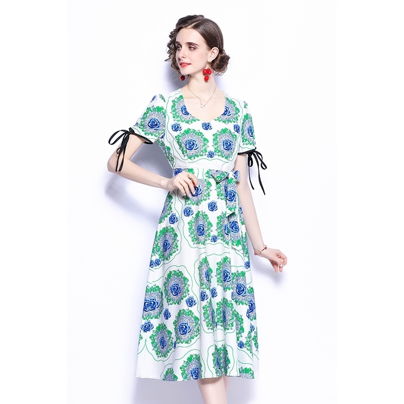 

Summer Green Long Dress for Women V-neck Lace-Up Short Sleeve Slim Blue Rose Printted Sashes Bow Beach Holiday 210525