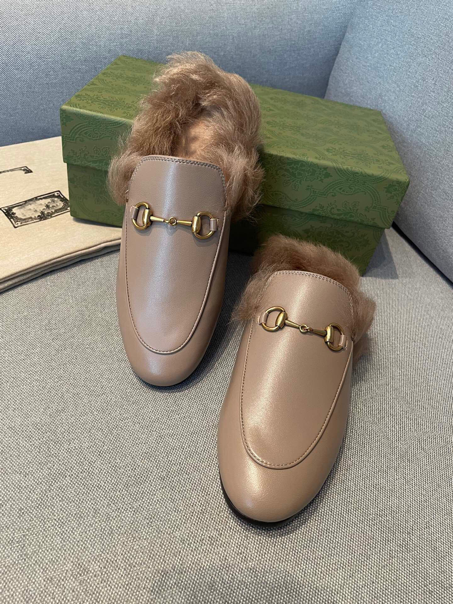 

Winter Warm Golden Horsebit Sandals Slipper Flats Princetown Slip On Women Mules Luxury Nude Black Comfort Casual Walking EU35-42