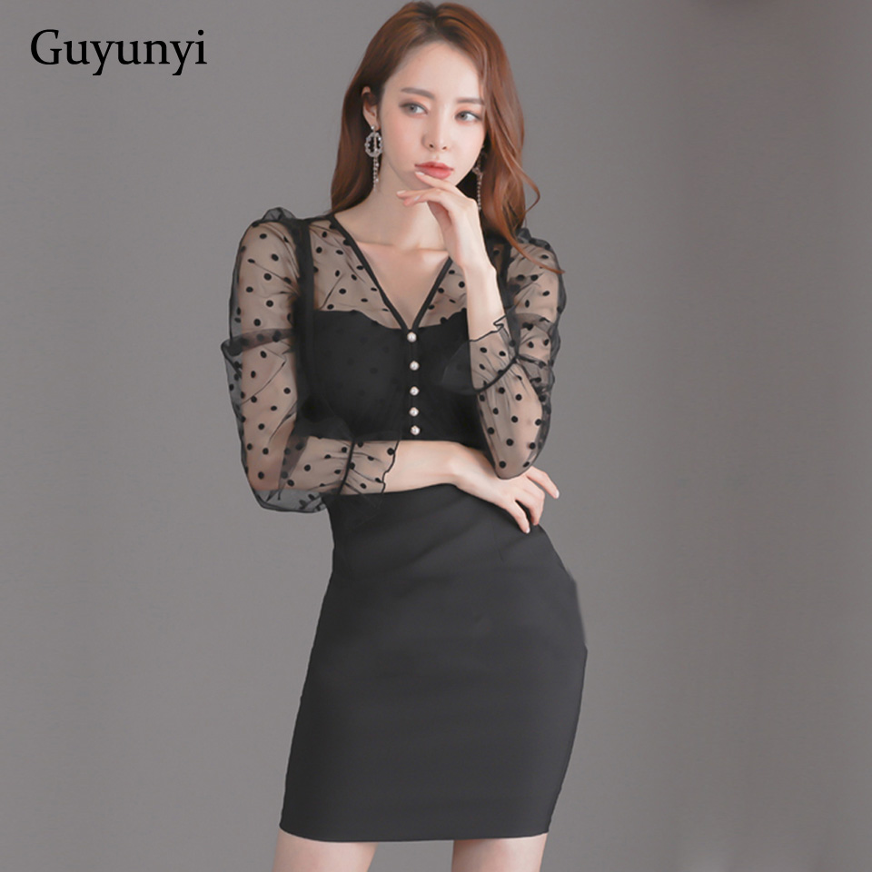 

elegant party dress 2021 spring black polka dot perspective mesh open back decorative buttons high waist tight mini dress, Black;gray