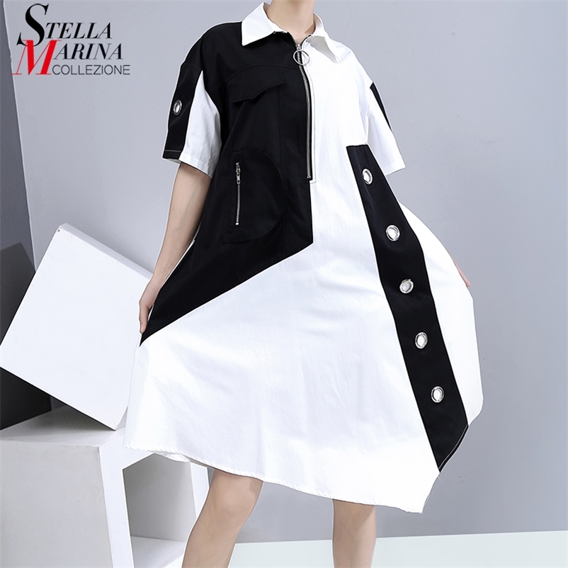 

New Unique Style Women Summer Tide Shirt Dress Zipper & Pocket Patchwork Plus Size Lady Loose Fit Midi Casual Dresses 6255 210409, Black;gray