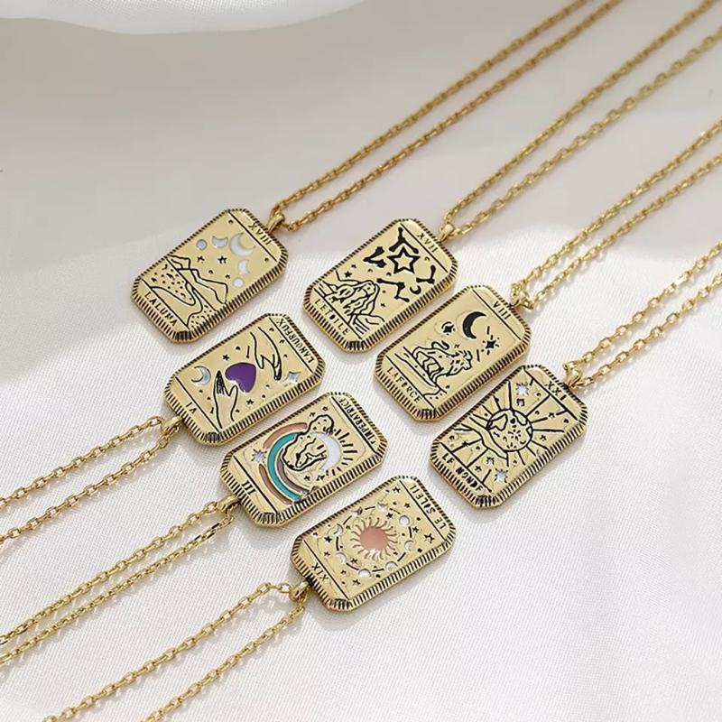 Pendant Necklaces 2021 Creative Girl&#039;s Colorful Enamel Tarot Necklace Ins Wind Gilded Square Moon Sun World Love Power Couple-image-699419005