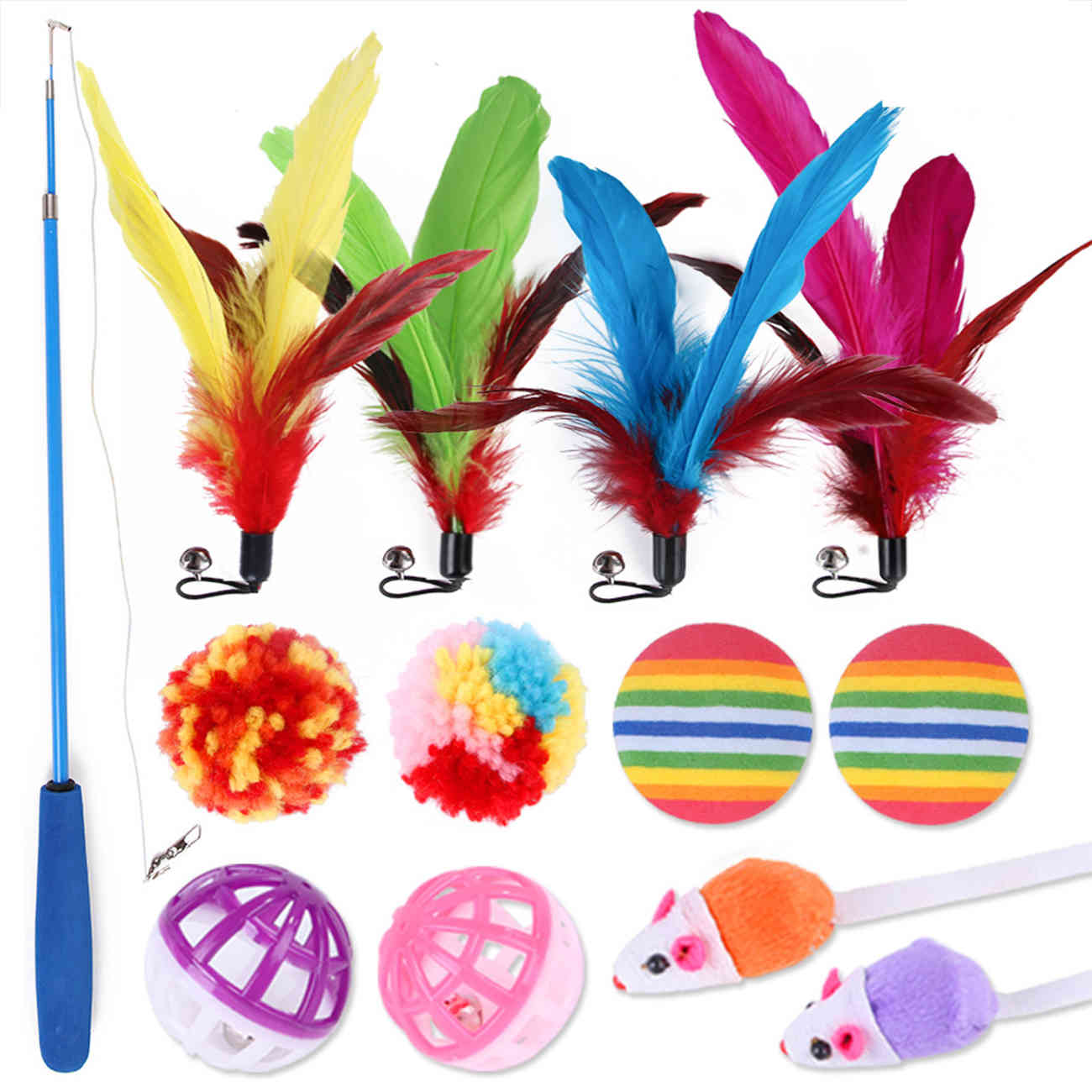 13Pcs/Set Pet Funny Cat Rod Feather Ball Fishing Rod Playing Magic Wand Interactive Toy Pet Accessories Replacement Headset-image-689786842