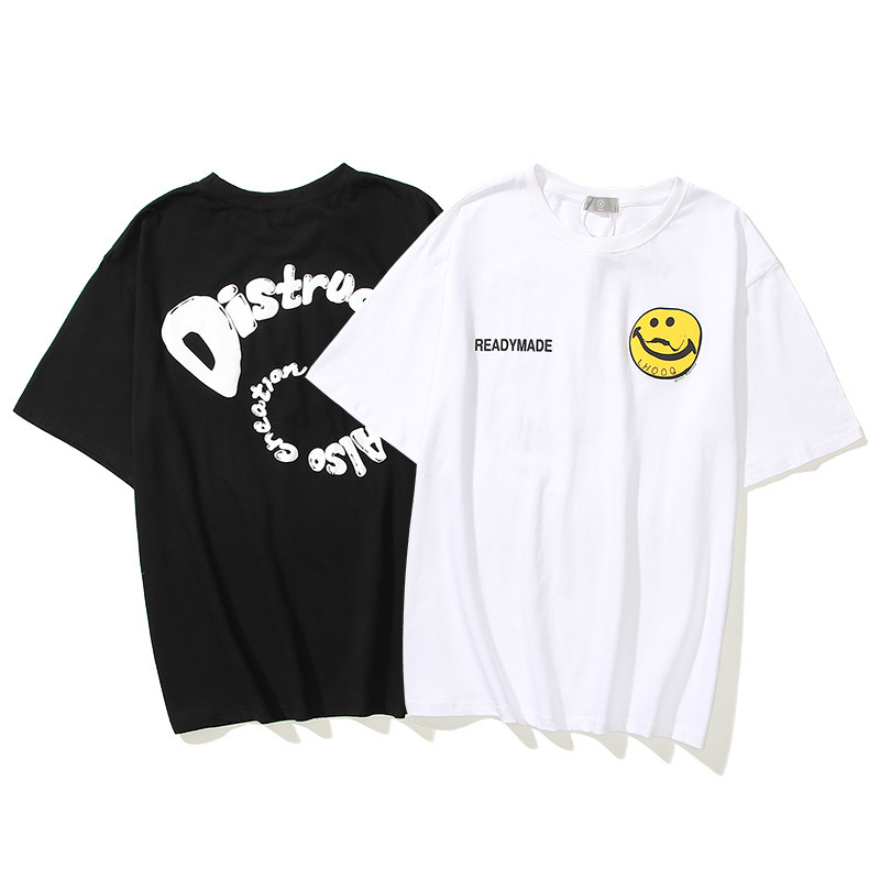 

Drew Street trend men's and women's lovers short sleeve T-shirt smiling face Short Sleeve Tee foam printing XBC0, White;black