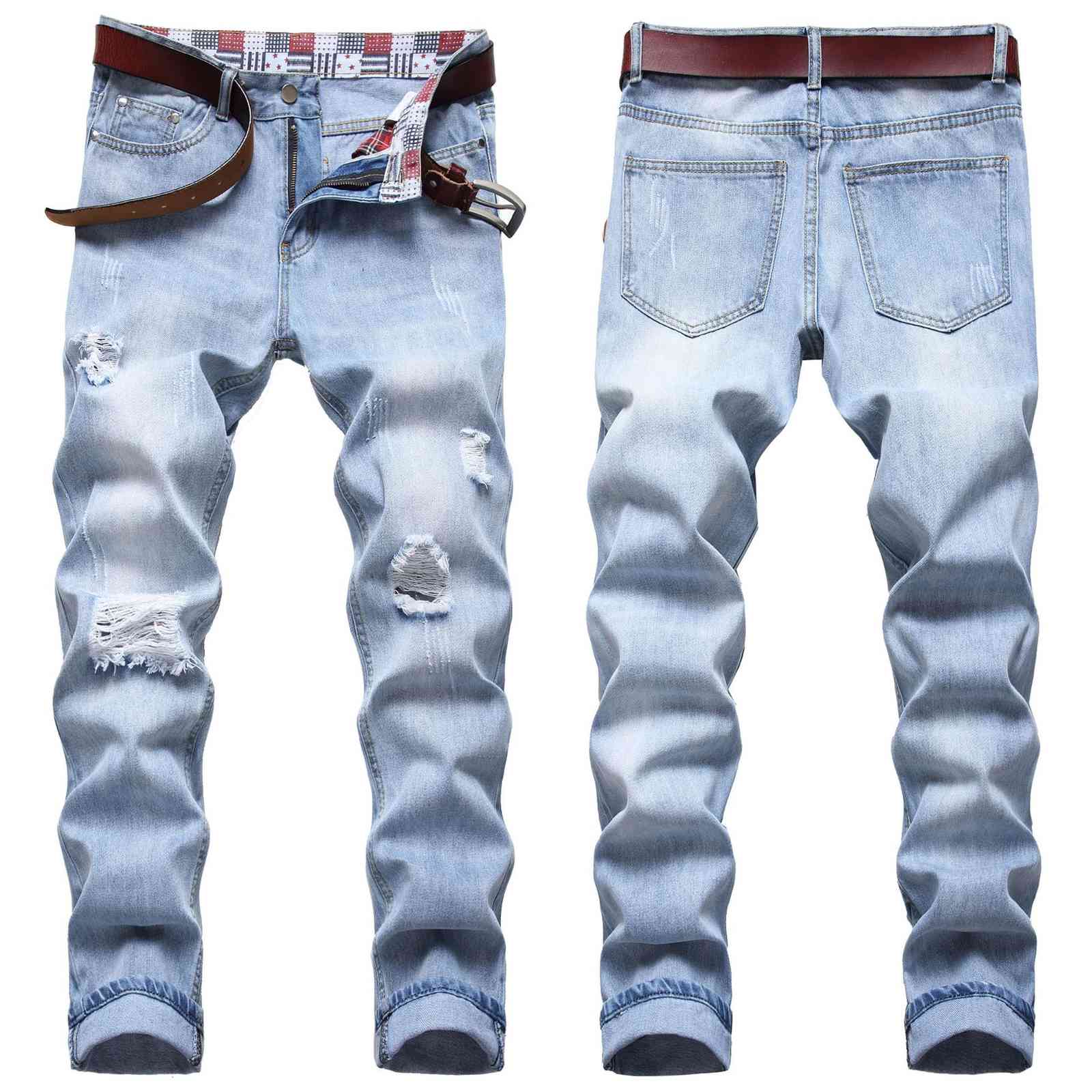 

Designers Men S Clothing Mens Jeans Loose Multi Hole Light Blue Waist Non Elastic Small Straight Pants