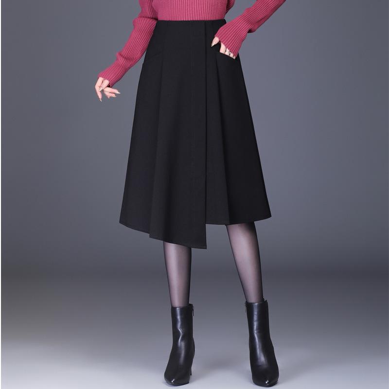 

Skirts Fashion Korean Elastic High Waist Loose Casual Black Skirt Women Autumn Winter Elegant Irregular Woolen Mid-long 6708