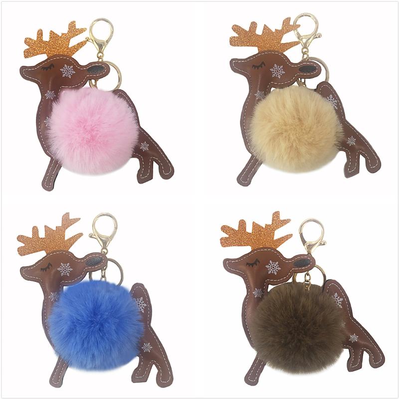 

Keychains Cute Fluffy Fur Ball Elk Deer Keychain Fashion Leather Animal Pendant Keyring Artificial Pompom Key Chain Christmas Gifts