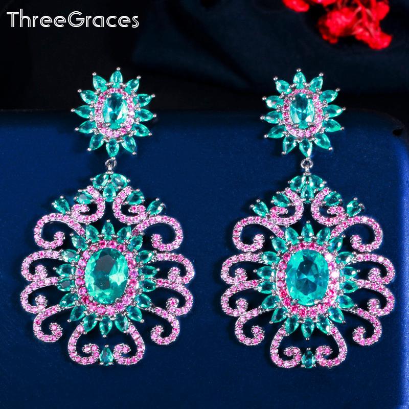 

Dangle & Chandelier ThreeGraces Unique Blue Rose Red Cubic Zirconia Black Gold Long Big Flower Drop Earrings For Ladies Luxury Party Jewelry, Silver