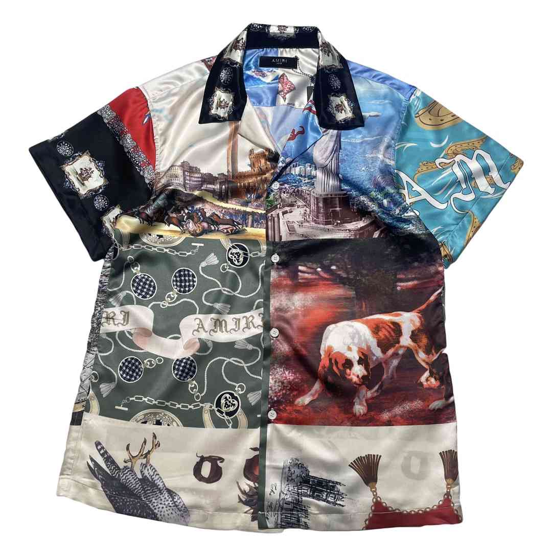 

AMIR 2021ss spring and summer new product celebrity oil painting Hawaiian style splicing short sleeve shirt, White;black